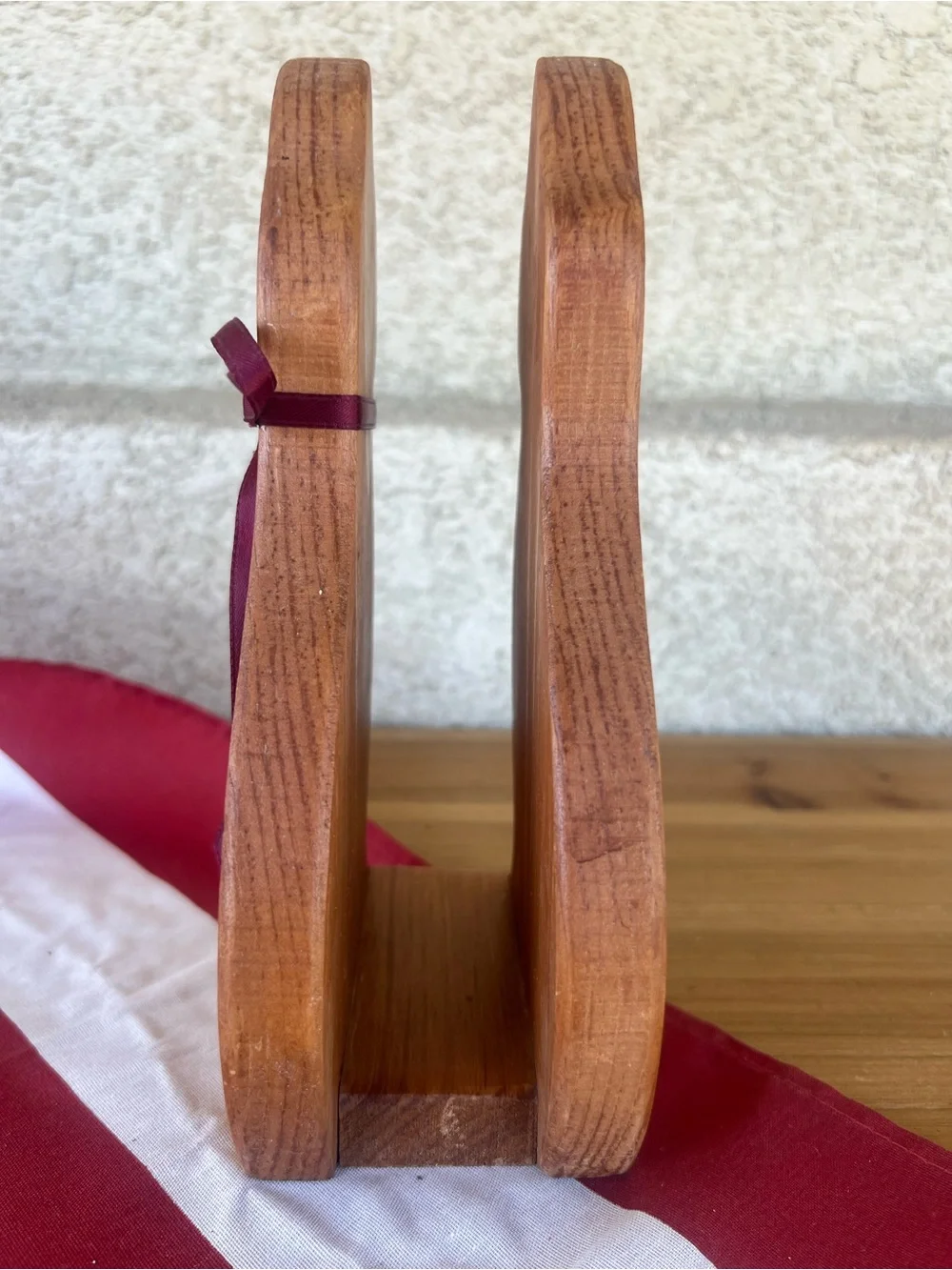 Wooden Cat Figurine with Burgundy Ribbon
